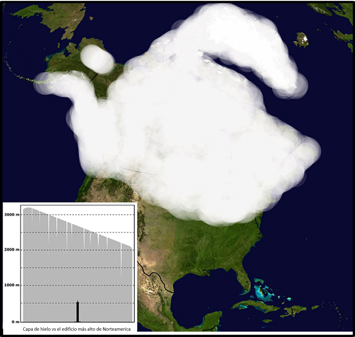 Figura 1: Extensión aproximada del escudo de hielo sobre el norte de Norteamérica durante el último período glacial.